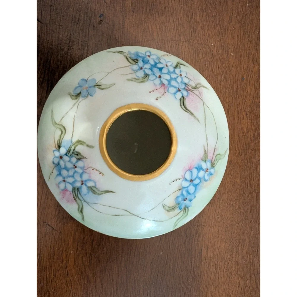 Victorian Hair Receiver, Porcelain, Forget-me-nots, Gold‎ Trim, Welmer Germany